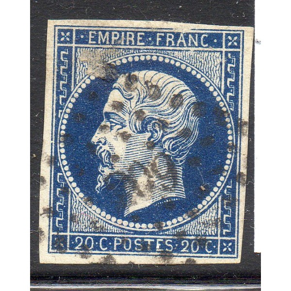 Timbre France Yvert No 14Ab Type I Empire 20c Bleu noir Oblitéré Petits chiffres