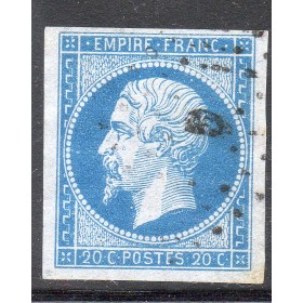 Timbre France Yvert No 14Ac Type I Empire 20c Bleu sur azuré Oblitéré