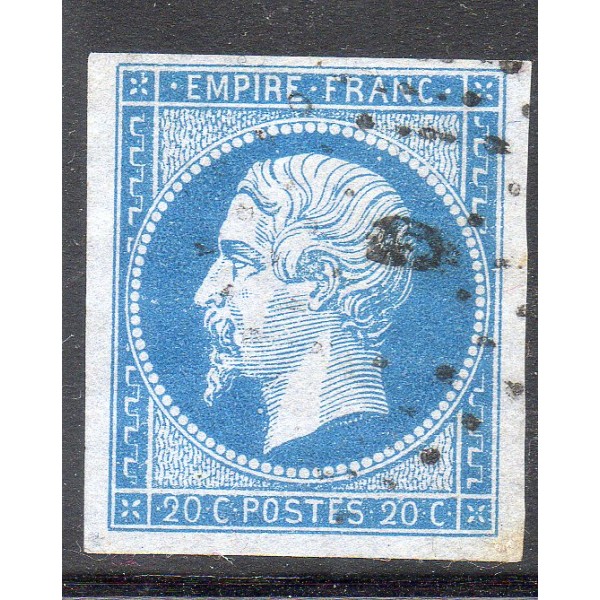 Timbre France Yvert No 14Ac Type I Empire 20c Bleu sur azuré Oblitéré
