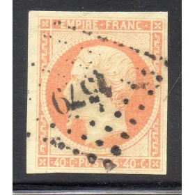 Timbre France Yvert No 16b Empire 40c orange sur paille Oblitéré petits chiffres