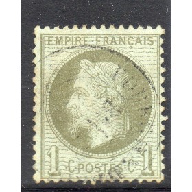 Timbre France Yvert No 25a Empire Lauré 1c vert olive Oblitéré CaD type 17