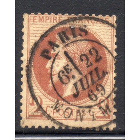 Timbre France Yvert No 26A Empire Lauré 2c rouge-brun Oblitéré cachet à date