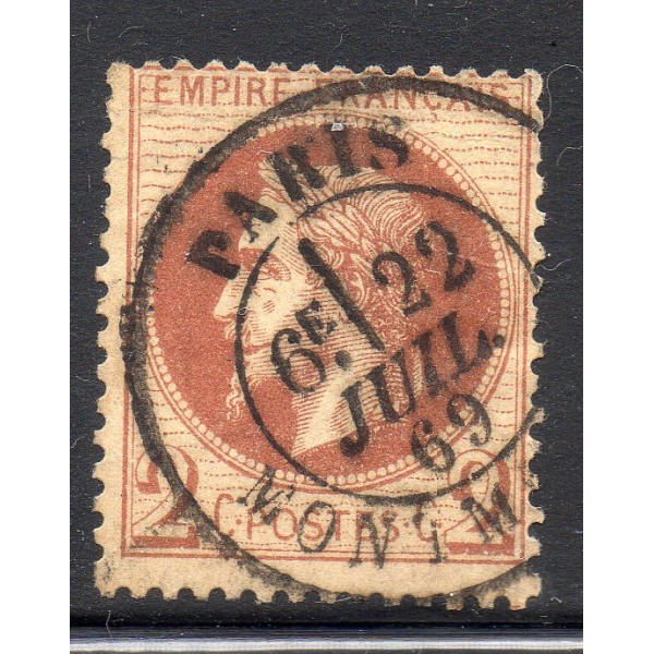 Timbre France Yvert No 26A Empire Lauré 2c rouge-brun Oblitéré cachet à date