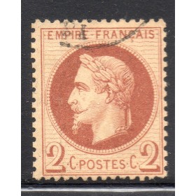 Timbre France Yvert No 26B Empire Lauré 2c rouge-brun clair Oblitéré cachet à date