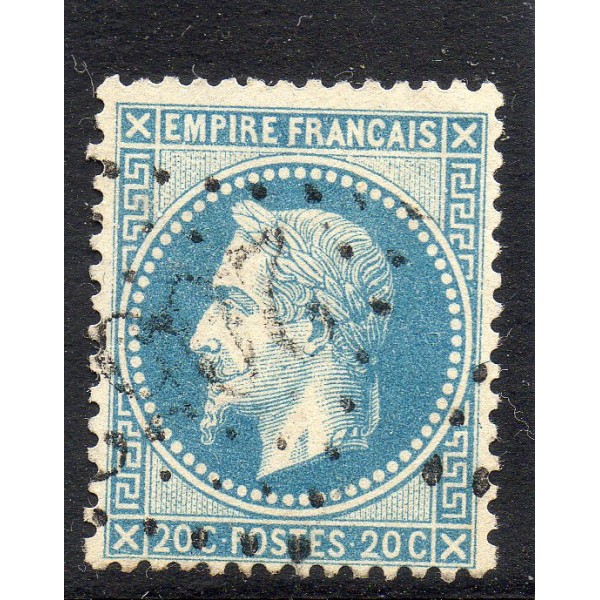 Timbre France Yvert No 29A Empire Lauré 20c bleu Oblitéré gros chiffres