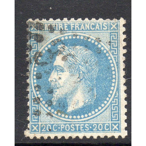 Timbre France Yvert No 29B Empire Lauré 20c bleu Oblitéré gros chiffres