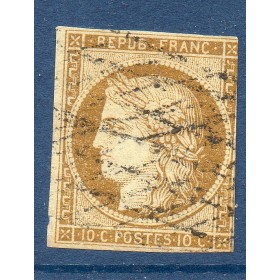 Timbre France Yvert No 1 Type Cérès 10c Bistre Jaune Oblitéré grille
