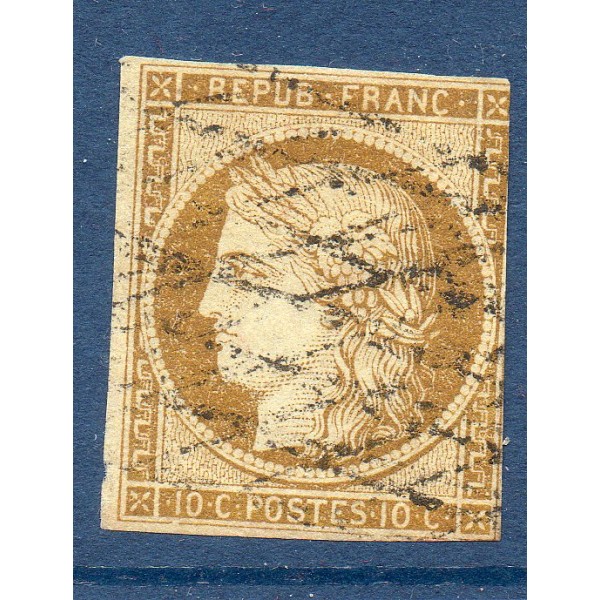 Timbre France Yvert No 1 Type Cérès 10c Bistre Jaune Oblitéré grille