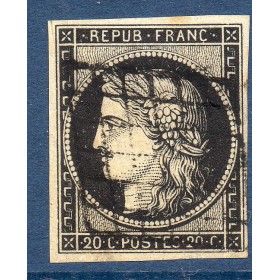 Timbre France Yvert No 3a Type Cérès 20c Noir sur blanc Oblitéré Grille