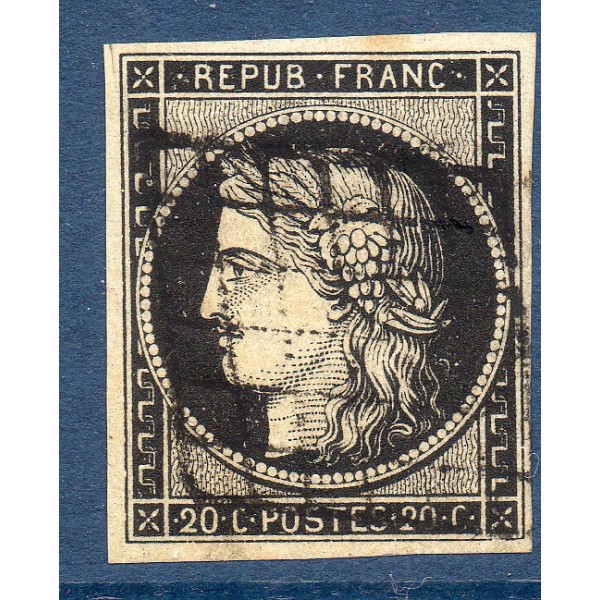 Timbre France Yvert No 3a Type Cérès 20c Noir sur blanc Oblitéré Grille