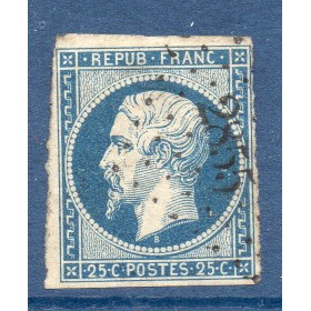 cTimbre France Yvert No 10a Type Présidence 25c Bleu foncé Oblitéré Petits Chiffres