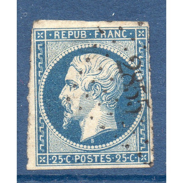 cTimbre France Yvert No 10a Type Présidence 25c Bleu foncé Oblitéré Petits Chiffres