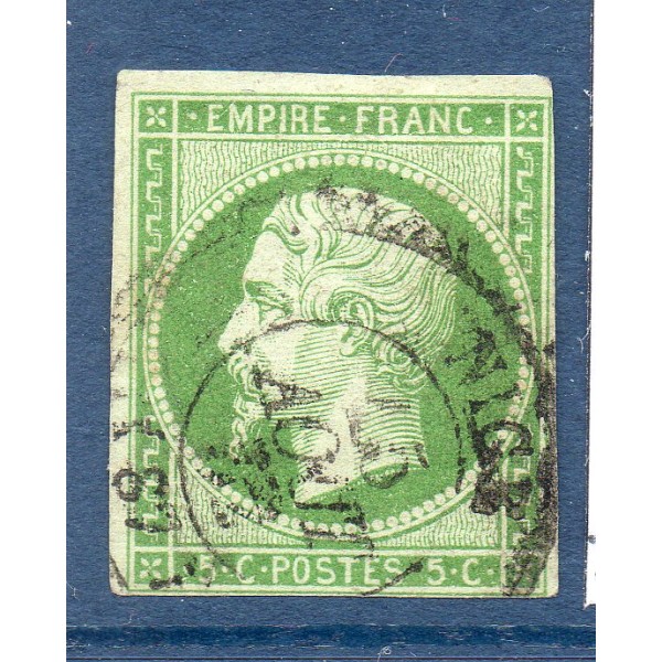 Timbre France Yvert No 12a Type Empire 5c Vert jaune Oblitéré cachet à date