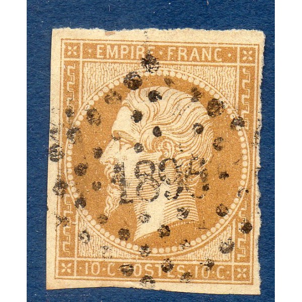 Timbre France Yvert No 13Ab Type I Empire 10c Bistre orange Oblitéré petits chiffres