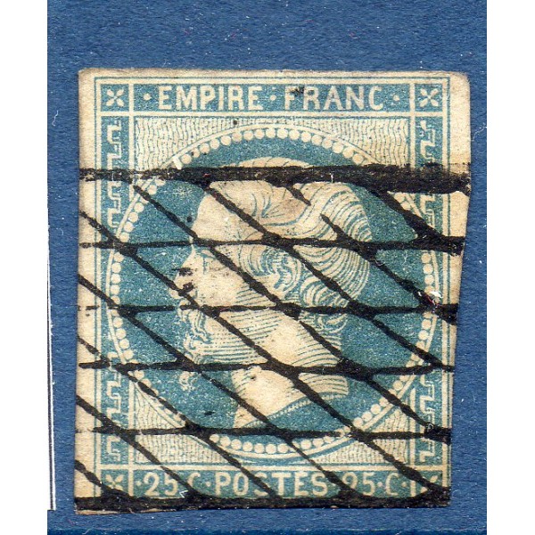 Timbre France Yvert No 15 Empire 25c Bleu Oblitéré grille sans fin