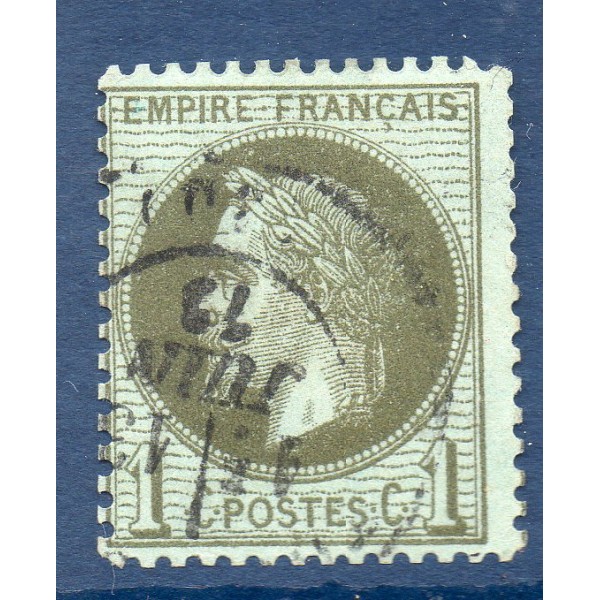 Timbre France Yvert No 25 Empire Lauré 1c vert bronze Oblitéré CaD type 17