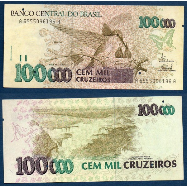 Bresil P.235d, TTB Billet de 100000 Cruzeiros 1993 Colibri