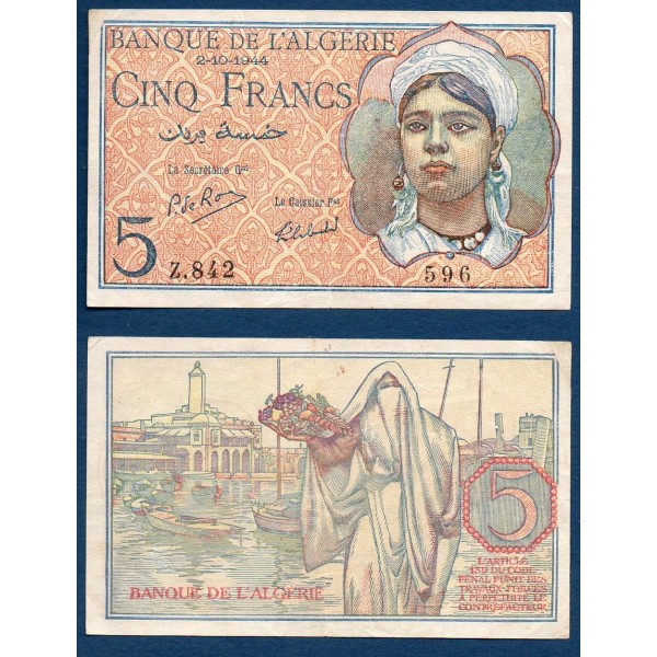 Algérie P.94b, TTB Billet de 5 Francs 2.10.1944
