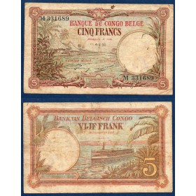 Congo Belge P.8e, TB- Billet de 5 francs 1944 Sans Ville