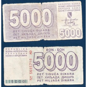 Bosnie P.27a, B Billet de 5000 Dinara 1993 Siege de Sarajevo