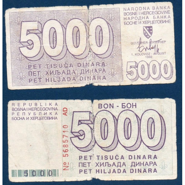 Bosnie P.27a, B Billet de 5000 Dinara 1993 Siege de Sarajevo