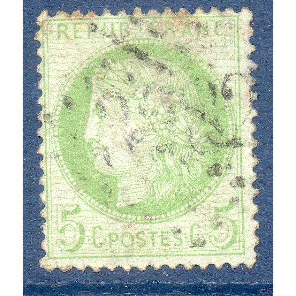 Timbre France Yvert No 53 Type Cérès 5c vert-jaune s. azuré Oblitéré gros chiffres