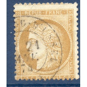 Timbre France Yvert No 59 Type Cérès 15c bistre Oblitéré cachet à date
