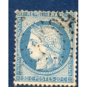 Timbre France Yvert No 37a Cérès Siège de Paris 20 c bleu foncé Oblitéré gros chiffres