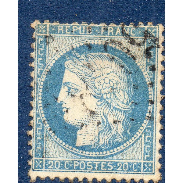 Timbre France Yvert No 37a Cérès Siège de Paris 20 c bleu foncé Oblitéré gros chiffres