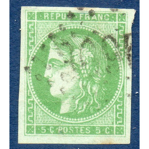 Timbre France Yvert No 42B Émission de Bordeaux 5c vert-jaune Oblitéré gros chiffres