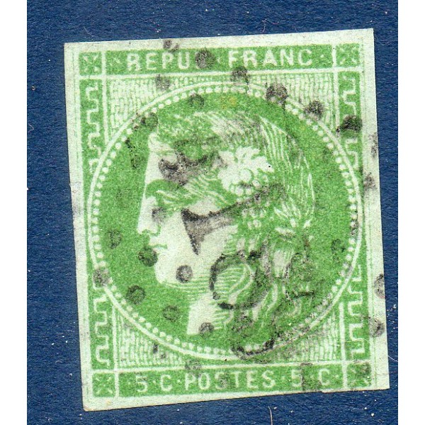 Timbre France Yvert No 42Ba Émission de Bordeaux 5c vert-jaune foncé Oblitéré gros chiffres