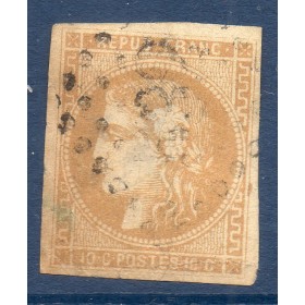Timbre France Yvert No 43B Émission de Bordeaux 10c bistre-jaune Oblitéré gros chiffres