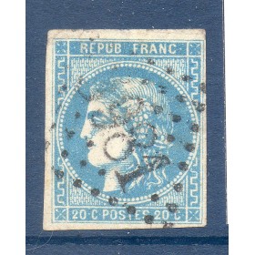 Timbre France Yvert No 46B Émission de Bordeaux 20c bleu Oblitéré gros chiffres