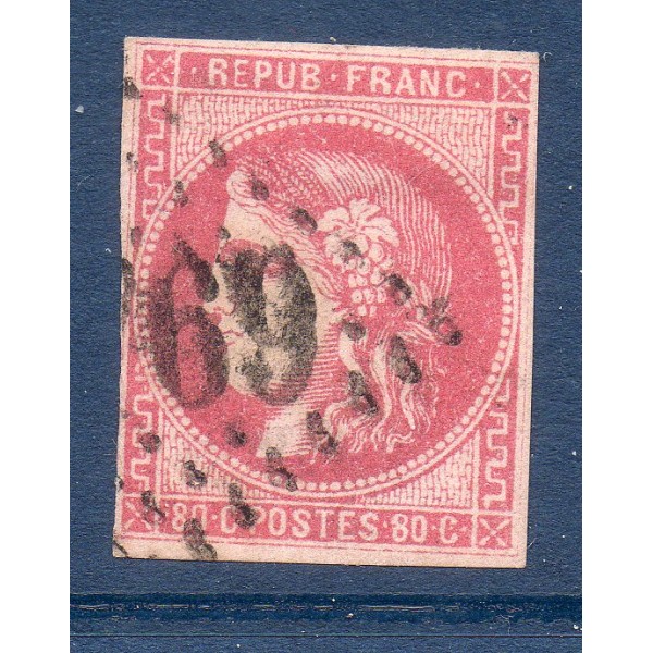Timbre France Yvert No 49 Émission de Bordeaux 80c rose Oblitéré gros chiffres