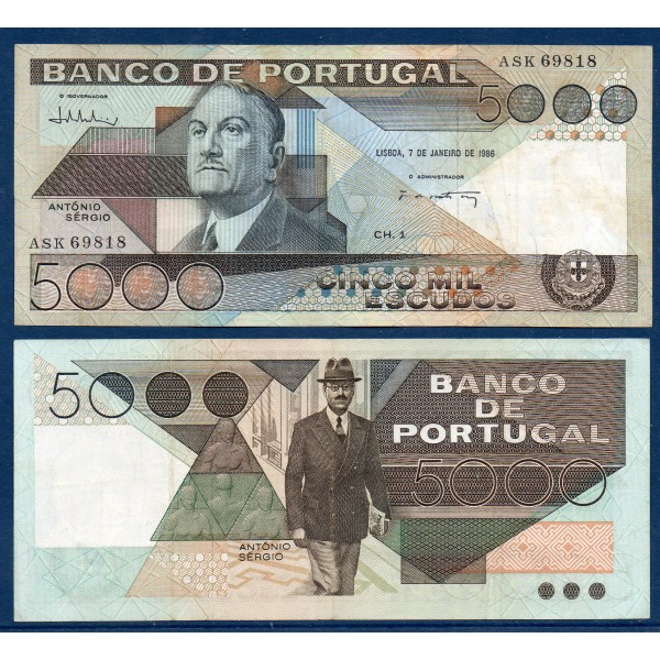 Portugal P.182e, TTB Billet de 5000 Escudos 7.1.1986 Antonio Sergio