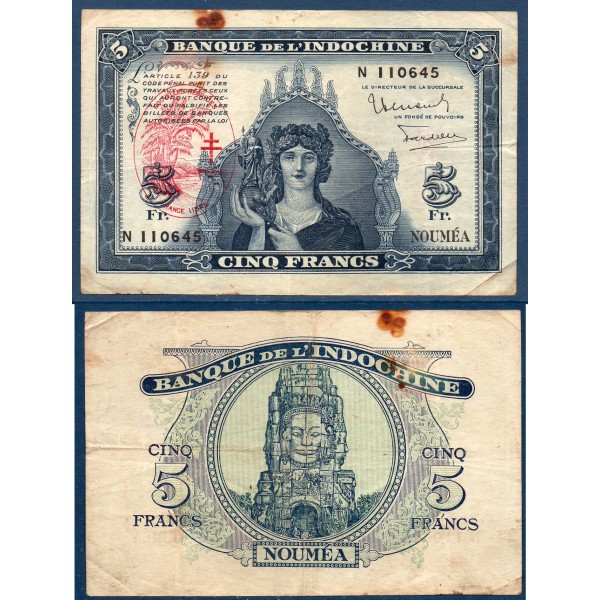 Nouvelles hébrides P.5, TB Billet de 5 Francs 1945 Sur Noumea