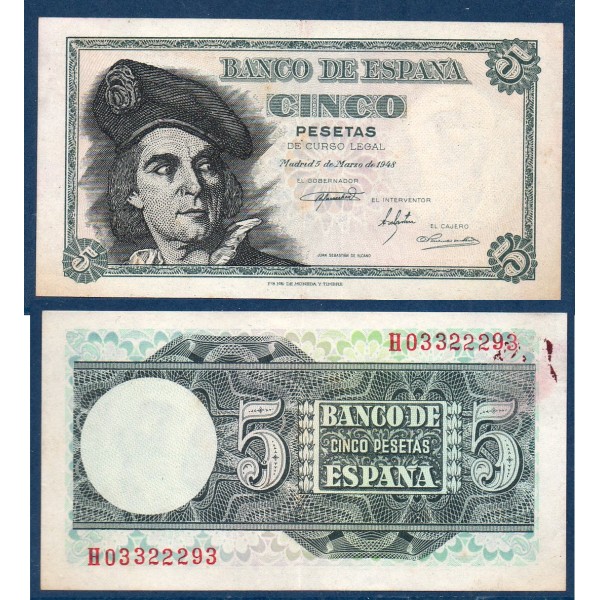 Espagne P.136a, TTB+ Billet de 5 pesetas Juan Sebastian Elcano