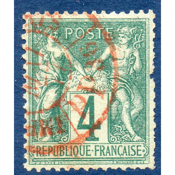 Timbre France Yvert No 63 Type I Sage 4c vert Oblitéré cachet rouge