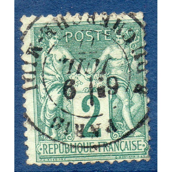 Timbre France Yvert No 74 Type II Sage 2c vert Oblitéré