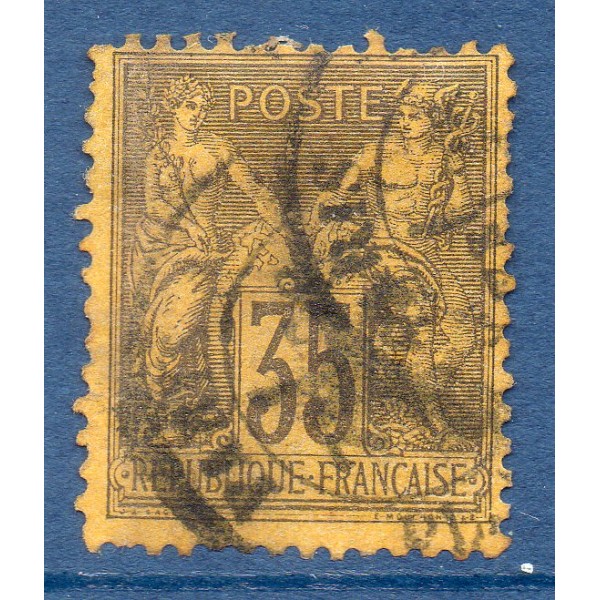 Timbre France Yvert No 93 Type II Sage 35c violet-noir s. jaune Oblitéré