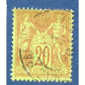 Timbre France Yvert No 96 Type II Sage 20c brique s. vert Oblitéré