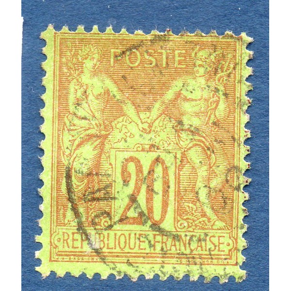 Timbre France Yvert No 96 Type II Sage 20c brique s. vert Oblitéré