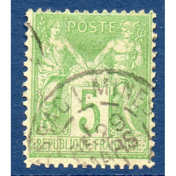 Timbre France Yvert No 106 Type II Sage 5c vert-jaune Oblitéré