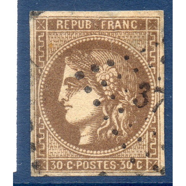 Timbre France Yvert No 47 Émission de Bordeaux 30c brun Oblitéré petits chiffres des gros chiffres