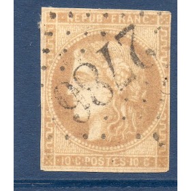 Timbre France Yvert No 43A Émission de Bordeaux 10c bistre Oblitéré gros chiffres