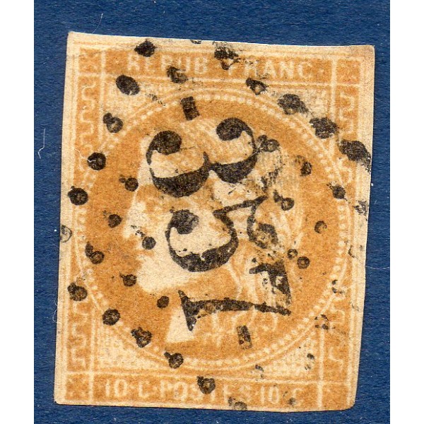 Timbre France Yvert No 43Bd Émission de Bordeaux 10c bistre-brun Oblitéré gros chiffres