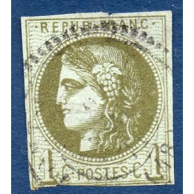 Timbre France Yvert No 39C Émission de Bordeaux 1c olive Oblitéré cachet à date