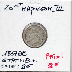 20 centimes Napoléon III tête laurée 1867 BB Strasbourg TB+
