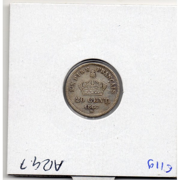 20 centimes Napoléon III tête laurée 1867 BB Strasbourg TB+