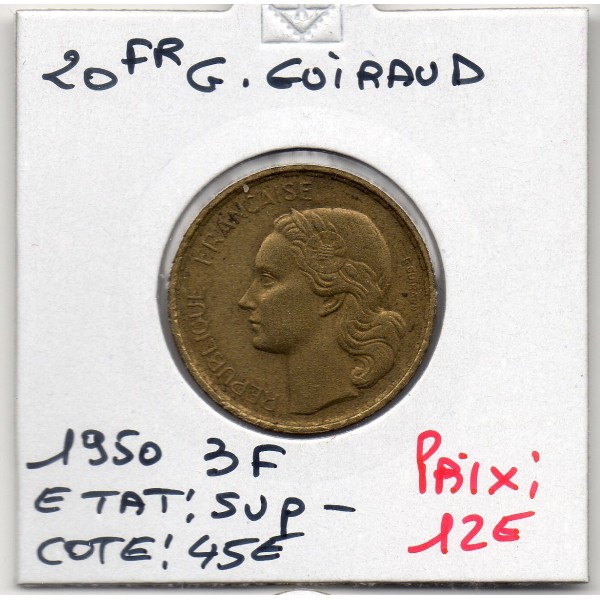 20 francs Coq G. Guiraud 3 faucilles 1950 Sup-